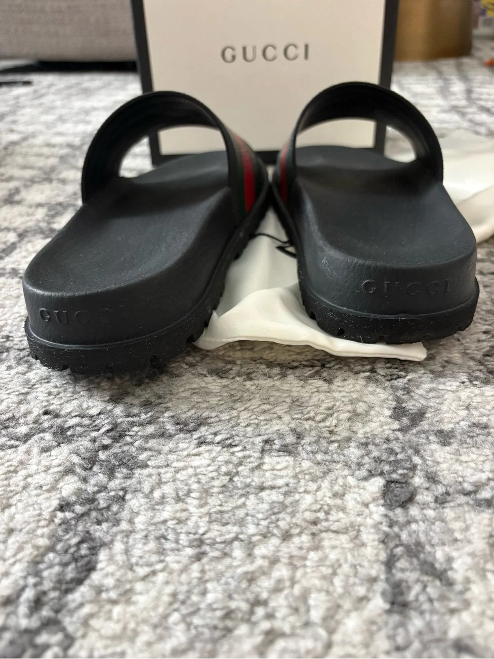 Gucci Black Slides with Green and Red Web Stripe